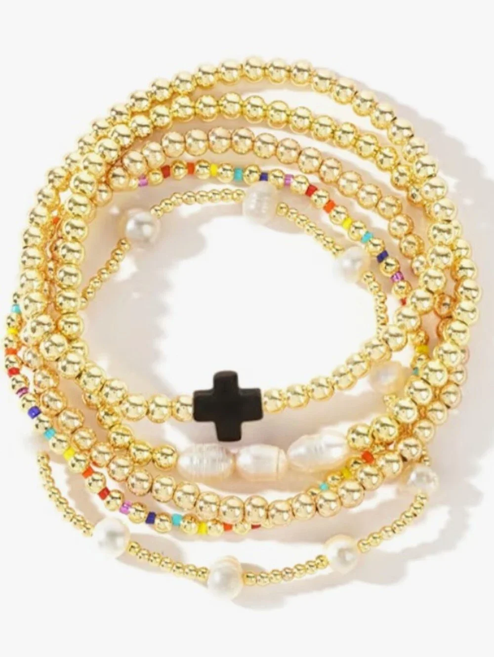 NWT 14K Gold Plated Pearl Beaded Cross Bracelet Stack 5 Pc Set Black - Picture 3 of 6